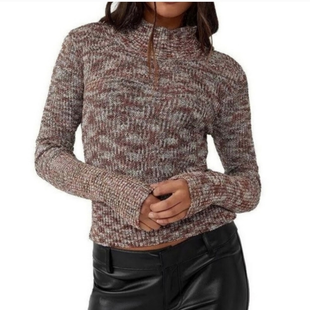 Free People Blair Space Dye Sweater Mock Neck Black Coffee Combo Small